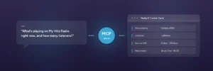 Diagramma che mostra una domanda in lingua semplice da parte di un operatore che attraversa un nodo server MCP verso un pannello di controllo MediaCP che mostra la riproduzione, gli ascoltatori e lo stato del servizio