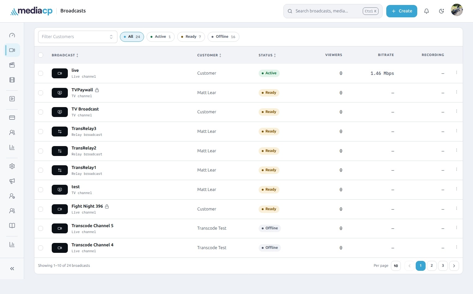 The unified Broadcasts experience in MediaCP Cloud Video, with customer and status filters.