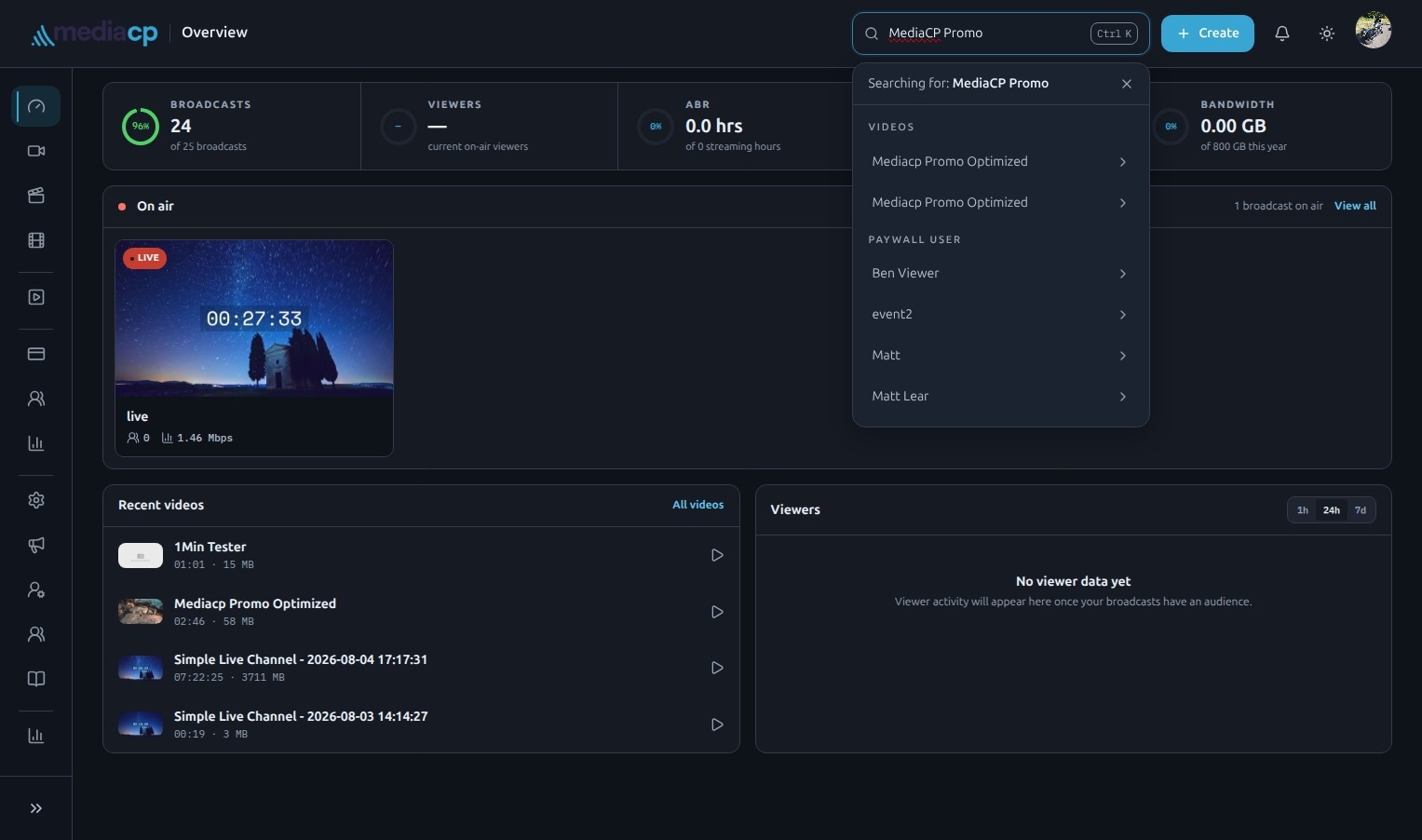 MediaCP Cloud Video search opened with the Ctrl + K shortcut in dark mode.