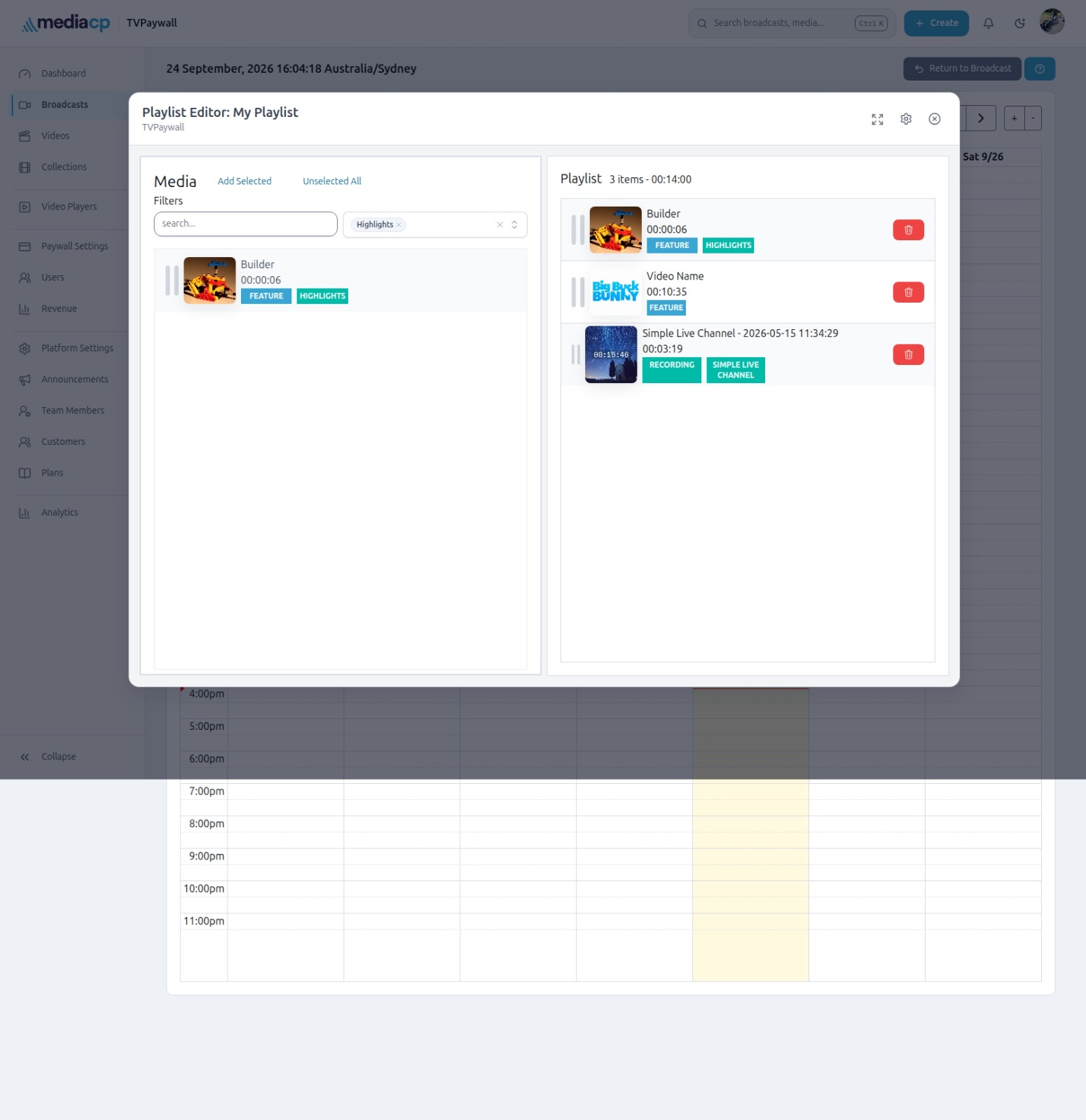 The playlist editor on the MediaCP Cloud Video TV Scheduling calendar.