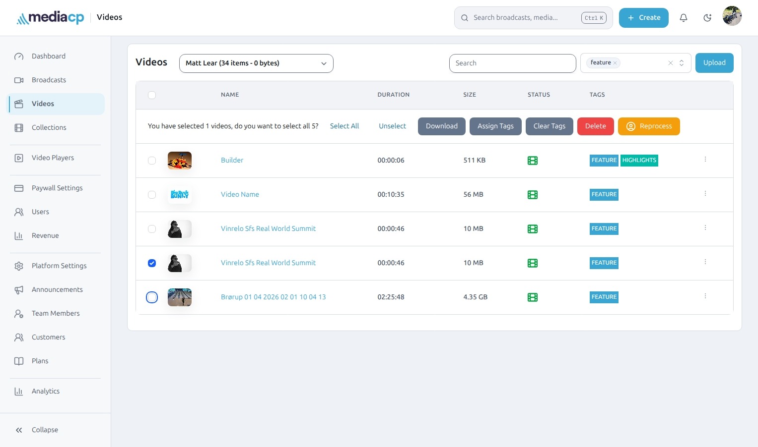 The Videos library in MediaCP Cloud Video.