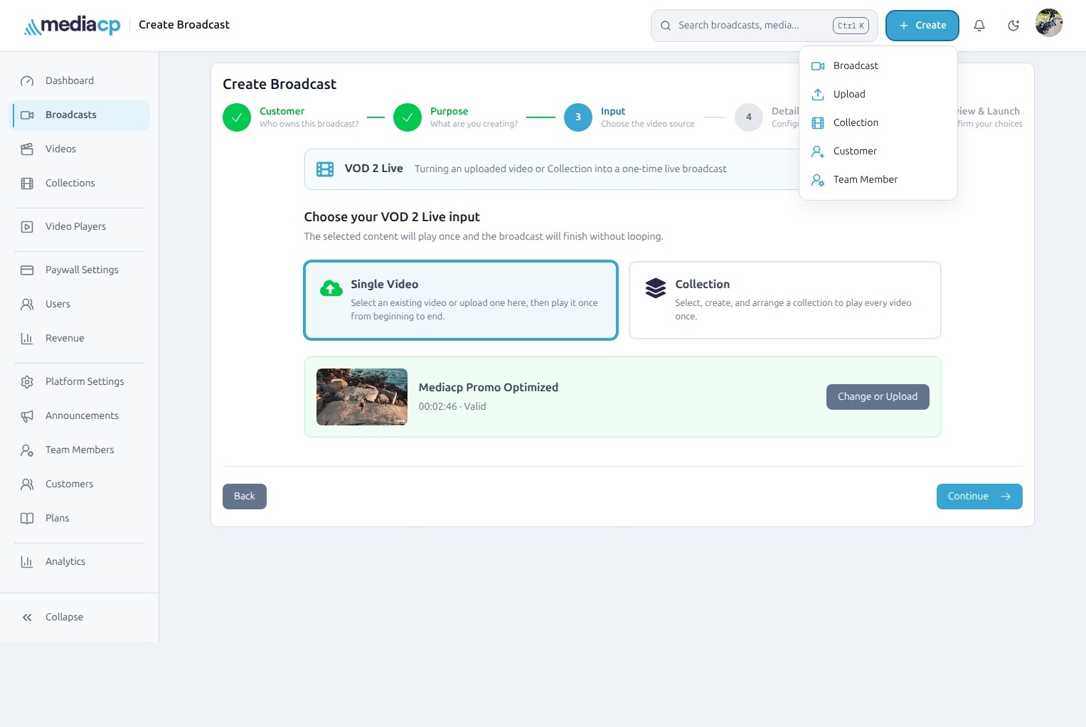 The MediaCP Cloud Video Broadcast wizard for a scheduled VOD-to-Live channel.