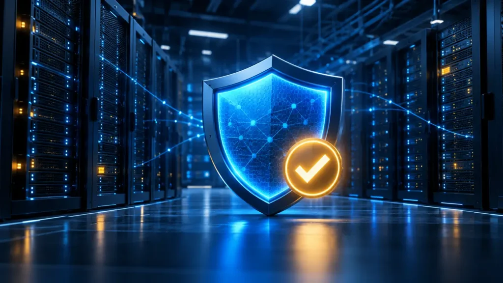 Blue security shield and verified patch indicator in a server environment for the MediaCP 2.14.13 LTS security update