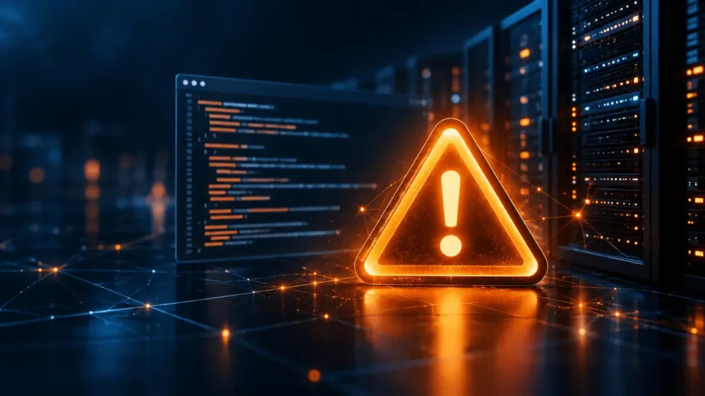 Amber security warning symbol beside server infrastructure for the PHP2Shell critical security advisory